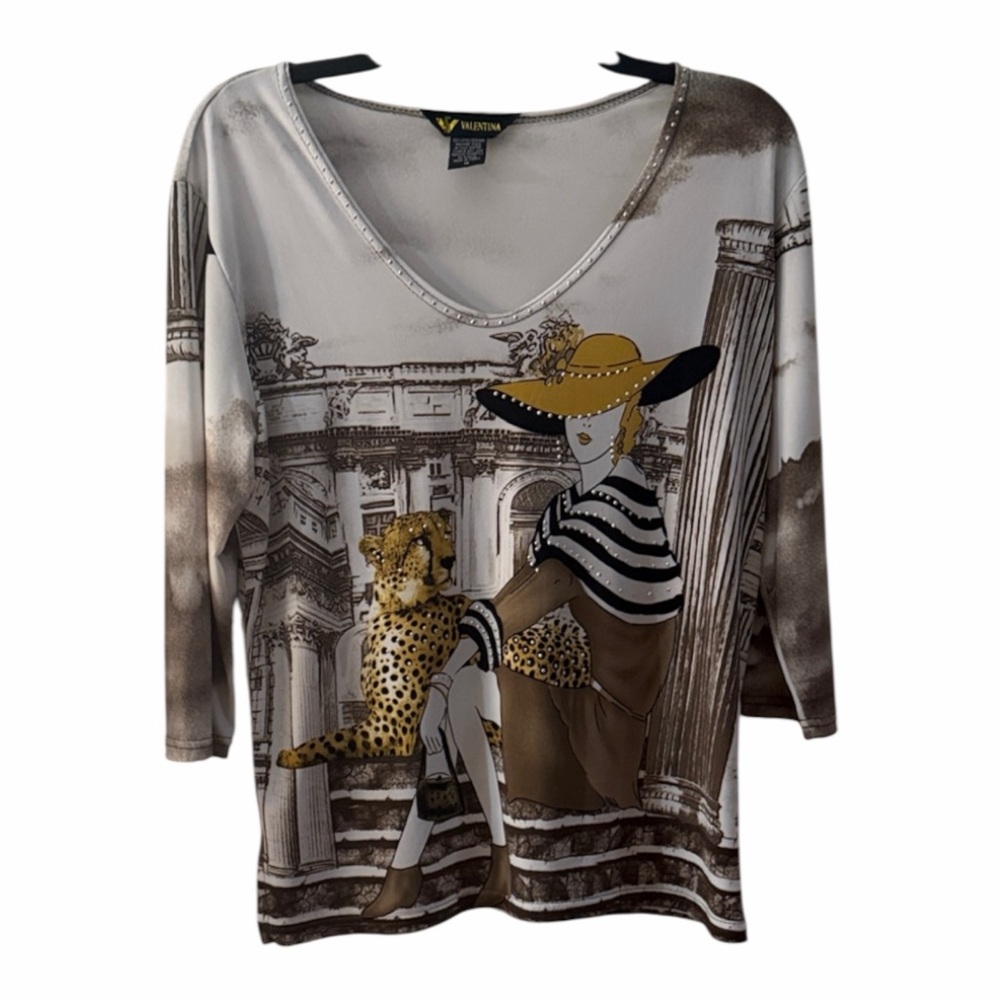 Valentina Beige, Brown & Yellow Graphic V-Neck half Sleeve Top Medium